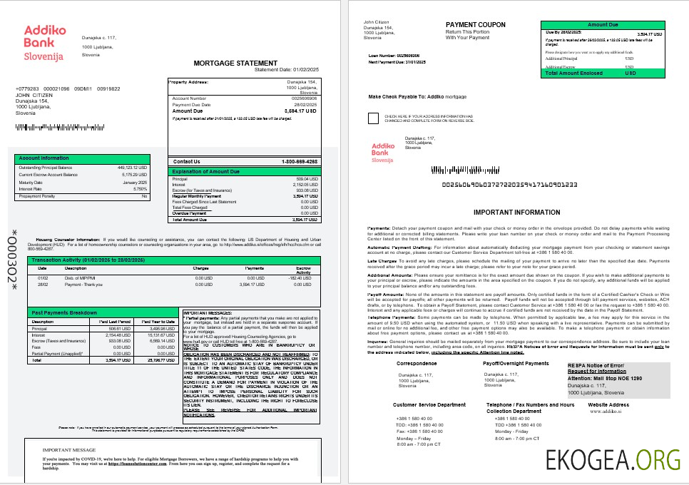 Slovénie Relevé hypothécaire de la banque Addiko aux formats Word et PDF 1 , 2